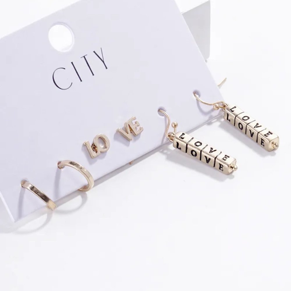 Set of 3 Earrings‎ Love Hoop Gold Dangle Stud Fashion Jewelry Small Brass Resin